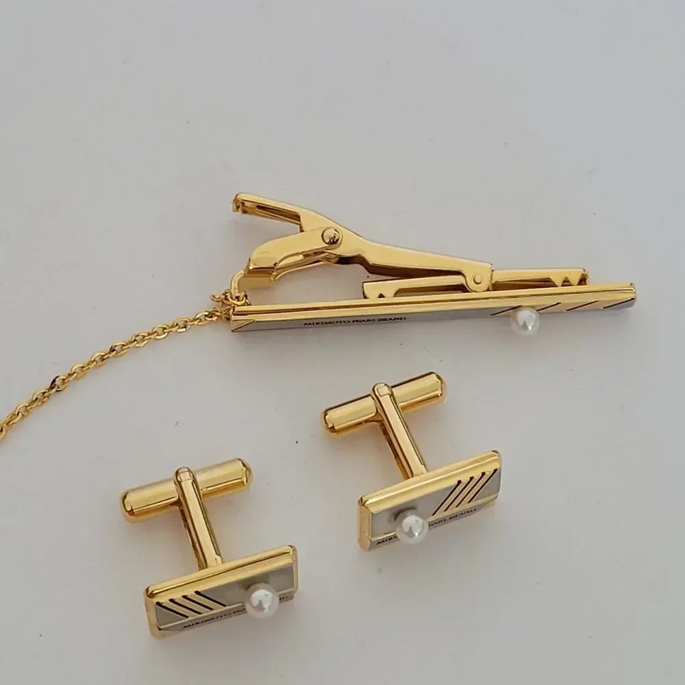 MIKIMOTO Tie Pin Bar and Cufflinks with Geniue Acoya Pearl Set Gold Silver Tone